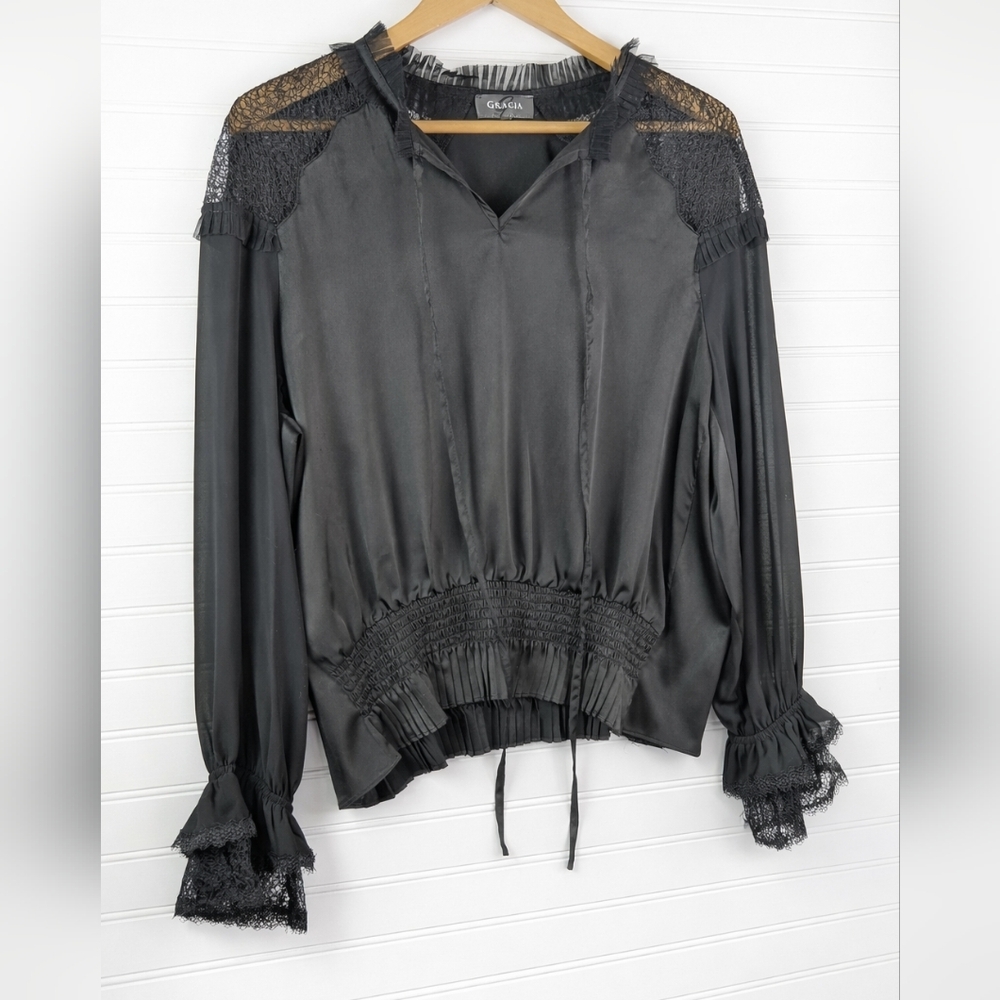 Gracia Black Lace Trim Long Sleeve Satin Cinch Waist Blouse L